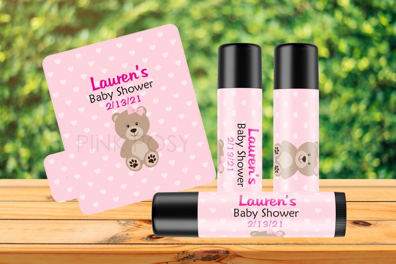 Baby Shower Lip Balm Labels Pink Teddy Bear Baby Shower Girl Etsy