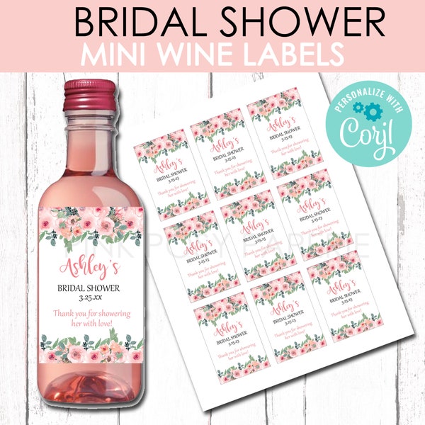 Bridal Shower Mini Wine Labels, Bridal Shower Wine Template, Printable Wine Label, Bridal Shower Favors, Instant Download, Pink Floral Label