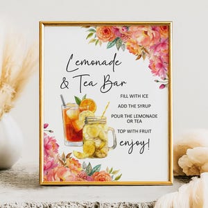 Limonade & Teebar Schild, Pink und Orange Blumen, Mocktail Menü Schild, Printable Graduierung Dekor, sofortiger Download, nicht alkoholische Getränke