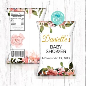 Baby Shower Chip Bag, Bearbeitbare Rosa Floral Chip Bag, Baby Girl Shower, Rosa Gold Floral Baby Shower, Baby Shower Favors, Chip Bag Wrapper