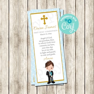 Carte de prière de première communion modifiable, carte de prière imprimable, faveur de communion garçon, signet en or bleu, signet de prière, téléchargement instantané