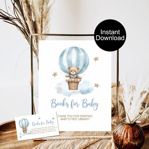 Cartes de demande de livre ours bleu et signe, douche de ballons ours, jeu de douche de bébé garçon imprimable, encart de livre, téléchargement immédiat, livres pour bébé