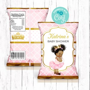 Princess Chip Bag, Baby Shower Chip Bag, Princess Baby Girl Shower, Editable Chip Bag, African American, Instant Download, Printable Bag