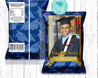 Graduation Chip Bag, Editable Photo Chip Bag, Graduation Treats, Class of 2026, Navy Blue Graduation, Printable Wrappers, Instant Download