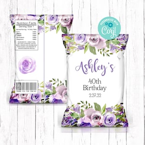 Editable Birthday Chip Bag, Lavender Floral Chip Bag, Printable Chip Bag, Lavender Floral Birthday, Birthday Favors, Chip Bag Wrapper