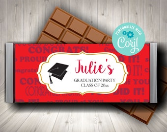 Bewerkbare Graduation Candy Bar Wrapper, Rode chocolade wrappers, Klasse van 2023 Party Favors, Gepersonaliseerde wrappers, afdrukbare snoepetiketten