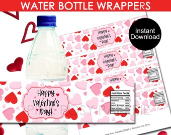Valentine's Day Water Bottle Wrappers, Valentine's Party Favors, Printable Bottle Wrappers, Instant Download, Valentine's Day Labels