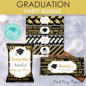 Black Gold Graduation Favor Bundle, Class of 2025, College Party Treats, Chip Bag, Water Bottle Labels, Candy Bar Wrappers, High School Grad