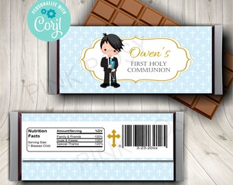 Editable Communion Candy Bar Wrapper, Boy First Communion, Communion Party Favors, Candy Labels, Personalized Wrappers, Printable Wrappers