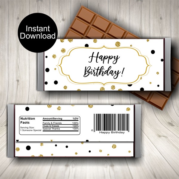 Birthday Candy Bar Wrappers, Birthday Favors, Black and Gold Party Favors, Printable Birthday Wrappers, Chocolate Wrappers, Instant Download