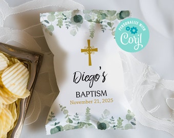 Baptism Chip Bag, Editable Christening Chip Bag, Greenery Baptism Bag, Baptism Treat Bag, Christening Favors, Printable Chip Bag Wrappers