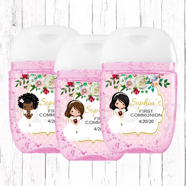 First Communion Hand Sanitizer Labels, Pink Communion Labels, Girl Communion Favors, Girl Party Favors, Hand Sanitizer Favors, Printable