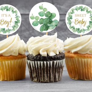 Baby Shower Cupcake Toppers. Baby boy Cupcake Toppers, Shower Favors, Botanical Printable Cupcake Toppers, Instant Download