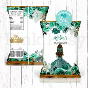Quinceanera Chip Tasche, grüne Blumen Chip Tasche, 15. Geburtstagsparty, bearbeitbare Chip Tasche, Mis Quince Favors, druckbare Chip Tasche Wrapper