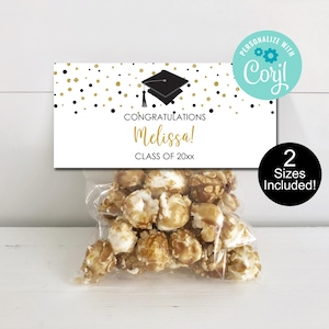 Graduation Bag Toppers, Editable Black Gold Dot Treat Bag Favors, Class of 2025 Party Favors, Printable Candy Labels, Personalized Favors