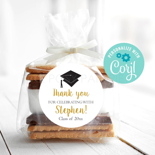 Editable Graduation Favor Labels, Black Gold Graduation Label, Graduation Printable Label, Class of 2024, Instant Download, Printable Tags