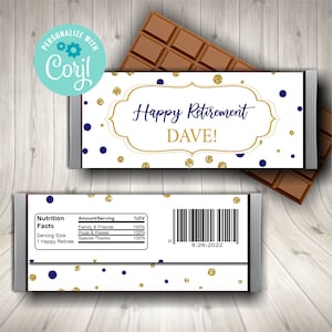 Editable Retirement Candy Bar Wrapper, Retirement Favors, Candy Label Printable, Navy and Gold Dot Printable, Birthday Party Favors