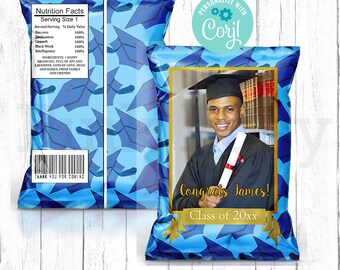 Graduation Chip Bag, Editable Photo Chip Bag, Graduation Treats, Class of 2026, Light Blue Graduation, Printable Wrappers, Instant Download