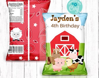 Farm Chip Bag, Birthday Party Chip Bag, Farm Animal Birthday, Farm Party Theme, Party Favor, Editable Chip Bag Wrapper, Instant Download