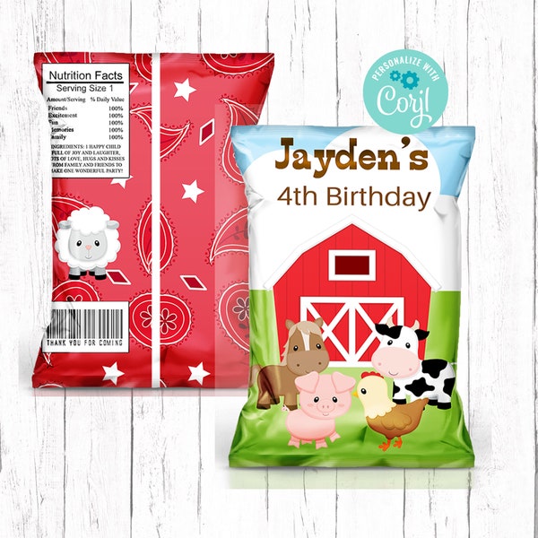 Farm Chip Bag, Birthday Party Chip Bag, Farm Animal Birthday, Farm Party Theme, Party Favor, Editable Chip Bag Wrapper, Instant Download