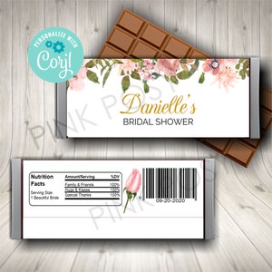 Editable Bridal Shower Candy Bar Wrapper, Bridal Favors, Candy Label Printable, Wedding Printable Favors, Pink Roses Candy Wrapper
