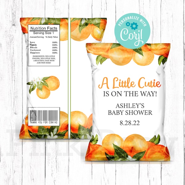 Baby Shower Chip Bag, Editable Oranges Chip Bag, Baby Girl Shower, A Little Cutie Shower, Baby Shower Favor, Chip Bag Wrapper, Oranges Theme