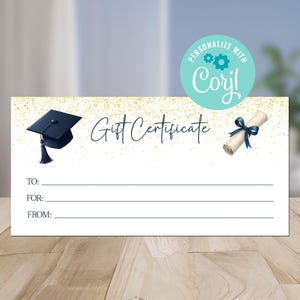Chèque-cadeau modifiable pour l'obtention du diplôme, thème bleu marine, soirée de remise des diplômes, bon de réduction imprimable, téléchargement immédiat, lycée, promotion 2025