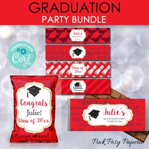 Editable Graduation Favor Bundle, Class of 2025, Graduation Treats, Chip Bag, Water Bottle Wrappers, Candy Bar Wrappers, Red Theme