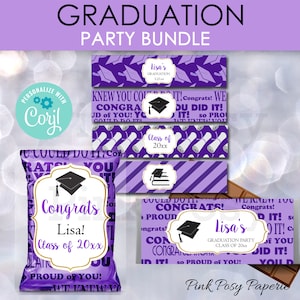 Purple Graduation Favor Bundle, Class of 2025, Graduation Treats, Chip Bag, Water Bottle Wrapper, Candy Bar Wrappers, High School Grad Party