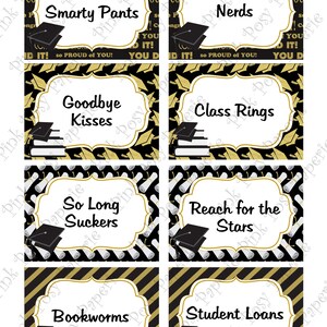 Editable Graduation Candy Labels, Candy Bar, Candy Buffet, Black Gold ...