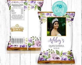 Quinceanera Chip Bag, Lavender Floral Photo Chip Bag, 15th Birthday Party, Editable Chip Bag, Mis Quince Favors, Printable Chip Bag Wrapper