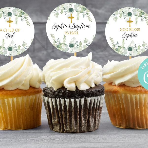 Baptism Cupcake Toppers, Editable Christening Cupcake Toppers, Greenery Cupcake Toppers, First Communion Cupcake Toppers, Instant Download