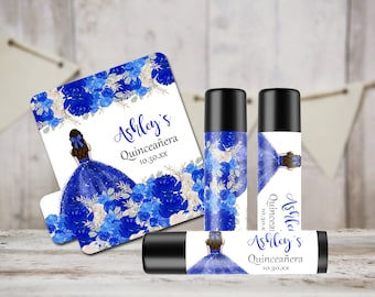 Quinceanera Lip Balm Labels, Royal Blue Floral Labels, Quinceanera Favors, 15th Birthday Sticker, Personalized Favor, Mis Quince, Watercolor