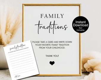 Family Traditions Sign, Baby Shower Activity, Instant Download, Minimalist Sign and Cards, Baby Shower Game, Baptism Childhood Traditions