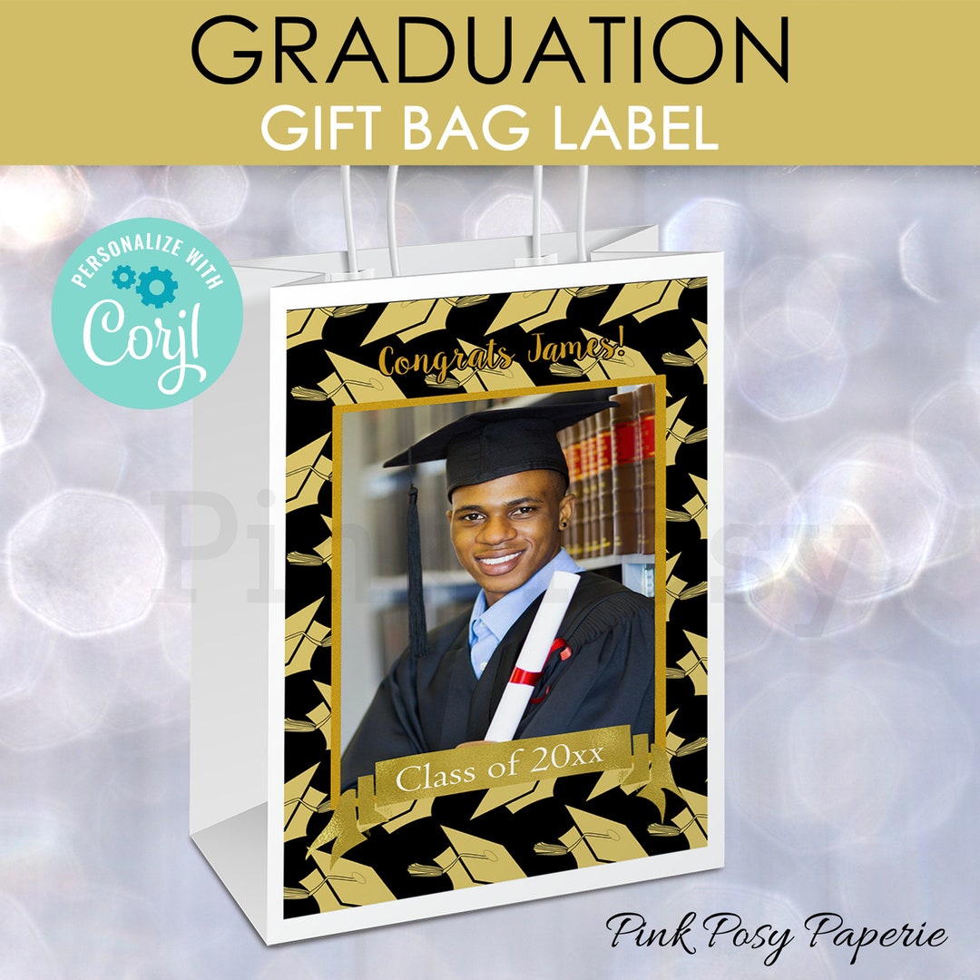Graduation Gift Bag Label, Black and Gold Graduation Label, Class of