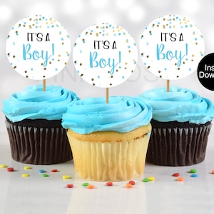 Baby Shower Cupcake Toppers, Baby Boy Cupcake Toppers, Blue Gold Shower Favors, It&#39;s A Boy Printable Cupcake Toppers, Instant Download,