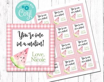 Editable Watermelon Tags, You're One in a Melon, Fruit Gift Tags, Teacher Tags, Sweet Tags, Instant Download, Printable Summer Tags