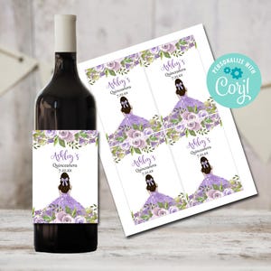 Quinceanera Wine Bottle Labels, Quinceanera Wine Template, Printable Wine Label, Lavender Floral Quinceanera, Instant Download, Mis Quince