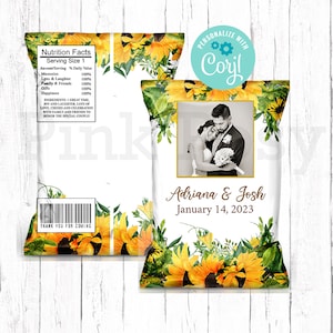 Wedding Photo Chip Bag, Sunflower Chip Bag, Engagement Favors, Editable Chip Bag, Wedding Favors, Printable Chip Bag Wrapper, Yellow Floral