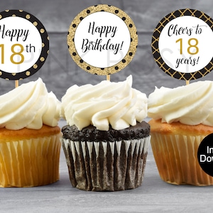Birthday Cupcake Toppers, 18th Birthday Cupcake Toppers, Black and Gold, Birthday Party Favors, Printable Cupcake Toppers, Instant Download