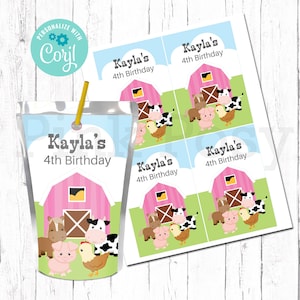 Editable Birthday Juice Pouch Labels, Farm Juice Labels, Girl Birthday Party Favors, Barnyard Party Favors,  Printable Juice Wrappers