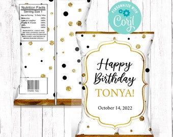 Borsa per chip di compleanno modificabile, Bomboniere di compleanno, Dolcetti di compleanno, Punto nero e oro, Download istantaneo, Involucro per borsa per chip stampabile, Personalizzato