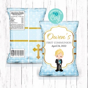 Editable First Communion Chip Bags, Boy Communion Treats, Communion Boy Favors, Blue Gold Chip Bag, Printable Chip Bag Wrappers