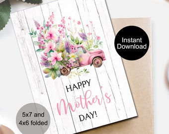 Printable Mother's Day Card, Mother's Day Card, Greeting Card, Card for Mom, Digital Download Card, Instant Download, Pink Truck Card