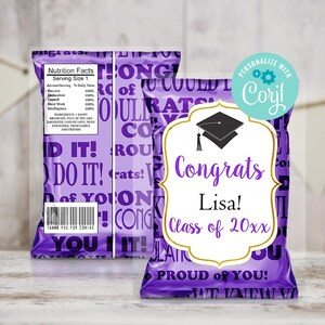 Purple Graduation Chip Bag, Class of 2025 Chip Bag, Treat Favors for Guests, High School Grad Party, Instant Download, Editable Printable