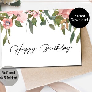 Printable Birthday Card, Happy Birthday Card, Digital Birthday Card, Pink Floral Birthday Card, Digital Download Card, Instant Download