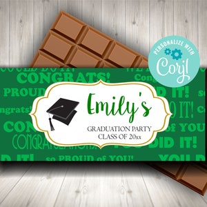 Editable Graduation Candy Bar Wrapper, Green Chocolate Wrappers, Class of 2023 Party Favors, Personalized Wrappers, Printable Candy Labels