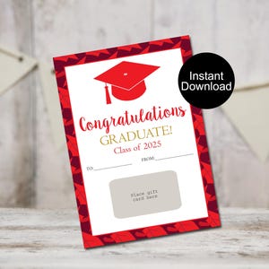 Carte cadeau de remise de diplôme, Carte cadeau imprimable, Carte de remise de diplôme universitaire, Carte de remise de diplôme d'études secondaires, Carte-cadeau rouge de félicitations