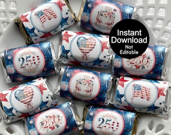4. Juli Mini Candy Bar Wrapper, 250 Jahre Geburtstag, Vaterländische Candy Bar Wrapper, 250.Jubiläum, Sofort Download, USA Partygeschenke