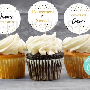 Toppers cupcake per pensionamento, Toppers cupcake modificabili, Toppers cupcake con coriandoli oro nero, Download istantaneo, Cupcakes personalizzati